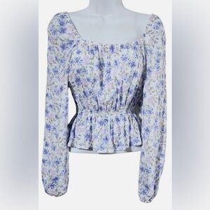 NWOT SO Goods For Life Floral Square Neck Puff Sleeve Peplum Blouse Size M